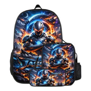 May include: A three-piece backpack set featuring a futuristic warrior design with a blue and orange color scheme. The set includes a backpack, lunch bag, and pencil case, all with the name "JASON" printed on them.