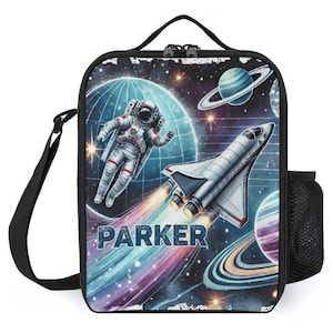 Sac à lunch personnalisé pour enfants avec monogramme personnalisé avec nom, vaisseau spatial, astronaute, sac à lunch galaxie pour camp scolaire, garçons et filles
