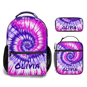 Colorant cravate rose pourpre mignon personnalisé avec nom personnalisé sac à dos trousse à crayons ensemble de sacs à lunch pour filles, école primaire, collège, personnalisé