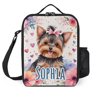 Sac à lunch personnalisé pour enfants avec monogramme personnalisé avec nom Sac à lunch coeurs de chiot Yorkie pour camp scolaire garçons et filles
