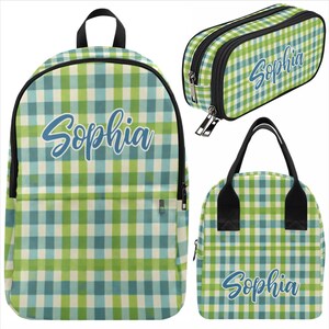 Blue Green Gingham Pattern Custom Personalized Girls Backpack Lunch Bag Pencil Case Set Kit School Name Lunchbox Elementary Middle Teen Gift