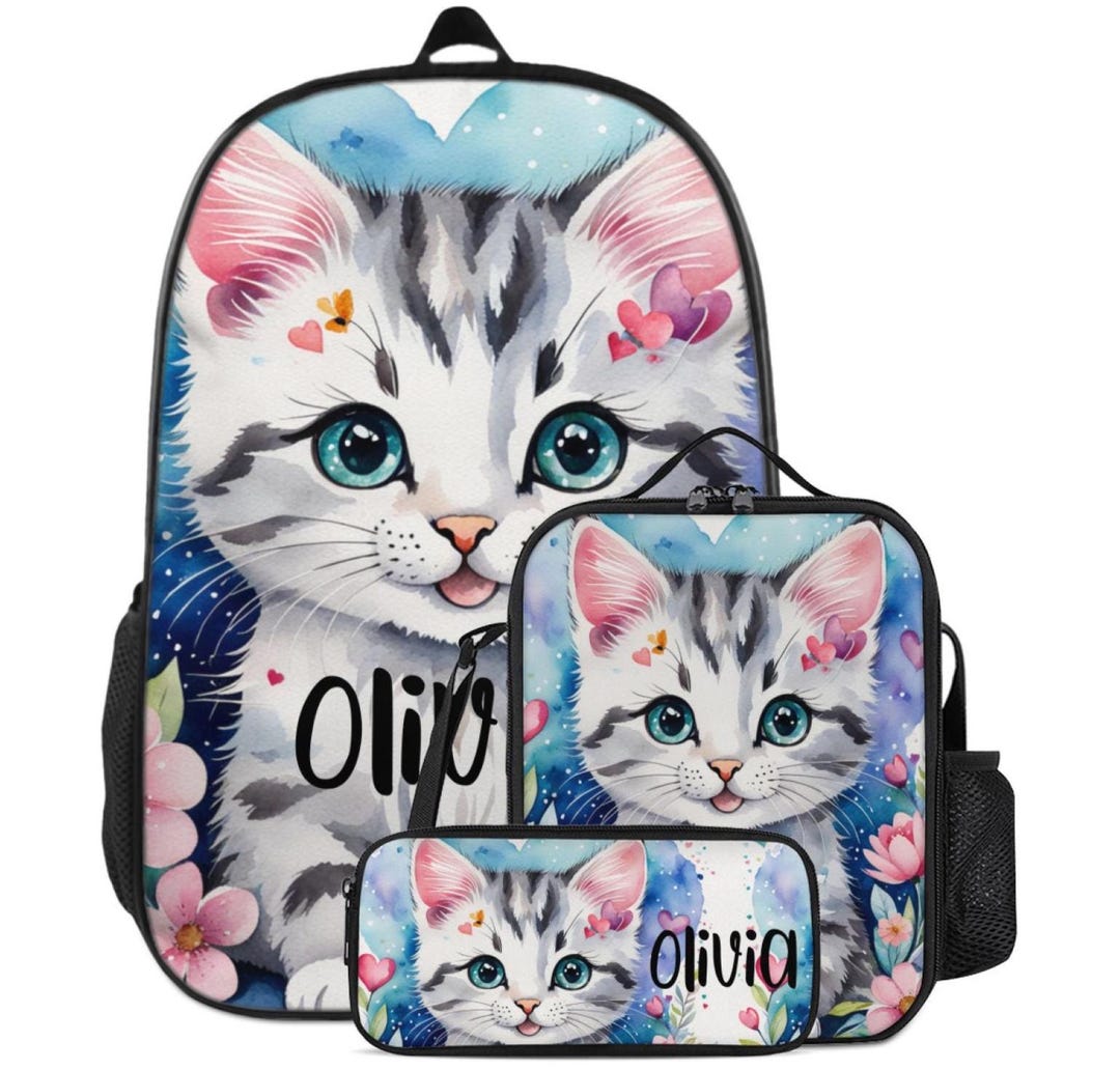 Personalized Schoolbag Pencil Case Lunch Bag Set Cat Kitten for ...
