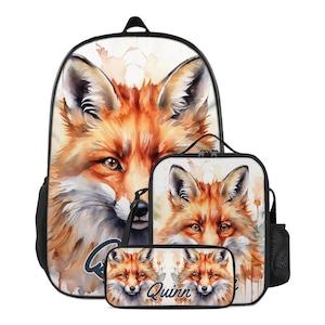 Backpack Fox Schoolbag Custom for Boys Girls Kids Bookbag and Lunchbox Lunch Bag Pencil Case Personalized Set Back to School Bag with Name
