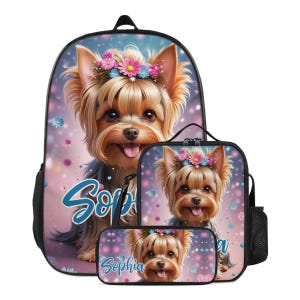 Backpack Yorkie Floral Schoolbag Custom for Girls Bookbag and Lunchbox Lunch Bag Pencil Case Personalized Set Back to School Bag with Name