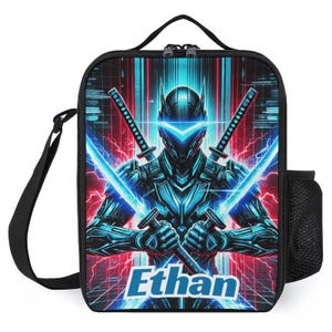 Sac à lunch personnalisé pour enfants avec monogramme personnalisé avec nom Ninja Warrior avec épées Sac à lunch pour camp scolaire garçons et filles