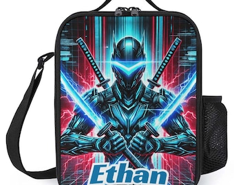 Personalisierte Lunchbag für Kinder Benutzerdefinierte Monogramm Lunch Tote mit Name Ninja Krieger mit Schwertern Lunch Bag für das Schullager Jungen und Mädchen