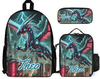 Cyber Lightning Dragon Kids Backpack Set Personalized School Bag Lunchbox Pencil Case Back to School Gift Custom 3 Piece Backpack Bundle