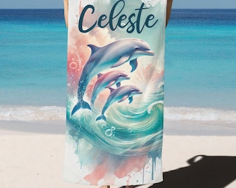 Toalla de playa infantil personalizada con nombre, delfines saltando en el océano, toallas de piscina con monograma personalizado para niñas y bebés.