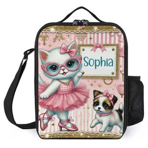 Sac à lunch personnalisé pour enfants avec monogramme personnalisé avec nom chaton Ballerine rose ballet pour camp scolaire garçons et filles