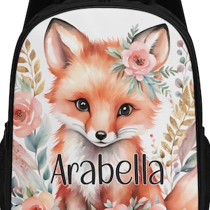 Personalized Fox Backpack for Girls Custom Name Bookbag with Cute Woodland Animal and Flowers Kids School Bag Toddler Backpack Animal Gift