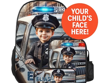 Custom Photo Kids Backpack Lunchbox Lunch Bag Pencil Case Set Personalized Name Face Swap Gift Back to School Boy Policeman in Police Car