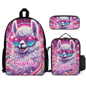 Retro Llama Pink Girls Kids Backpack Set Personalized School Bag Lunchbox Pencil Case Back to School Gift Custom 3 Piece Backpack Bundle