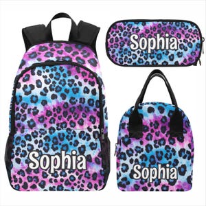 Pink Blue Leopard Print Custom Personalized Girls Backpack Lunch Bag Pencil Case Set Kit School Name Lunchbox Elementary Middle Teen Gift