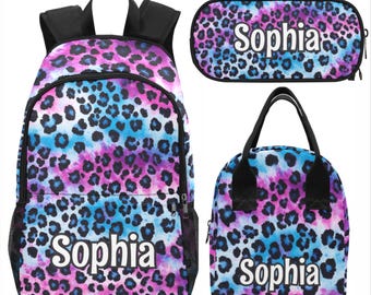 Pink Blue Leopard Print Custom Personalized Girls Backpack Lunch Bag Pencil Case Set Kit School Name Lunchbox Elementary Middle Teen Gift