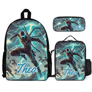Robotic Lightning Ninja Kids Backpack Set Personalized School Bag Lunchbox Pencil Case Back to School Gift Custom 3 Piece Backpack Bundle
