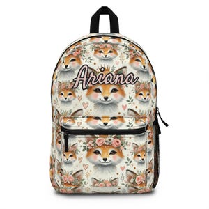 Custom Woodland Fox Backpack for Girls – Floral Animal Print AOP Bookbag with Name – Back to School Personalized Kids Gift – 17 Inch