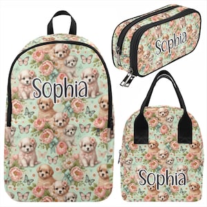 Watercolor Puppies Floral Custom Personalized Girls Backpack Lunch Bag Pencil Case Set Kit School Name Lunchbox Elementary Middle Teen Gift