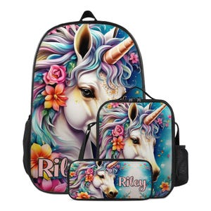 Girl Backpack Unicorn Schoolbag Custom for Girls Bookbag and Lunchbox Pencil Case Personalized Set Lunch Bag Pencil Pouch for Kids with Name