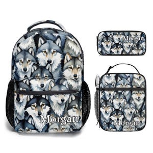 Sac à dos loup personnalisé pour fille, ensemble cartable et boîte à lunch, cartable personnalisé trousse à crayons sac à lunch avec motif loups