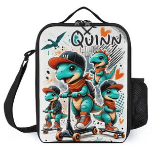 Sac à lunch personnalisé pour enfants avec monogramme personnalisé avec nom de dinosaures sur des planches à roulettes Sac à lunch pour camp scolaire garçons et filles