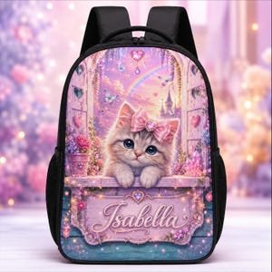 Katzen Schulrucksack für Mädchen, personalisierte Kitty Rucksack, süße rosa Kawaii Büchertasche, Kinder Schultasche