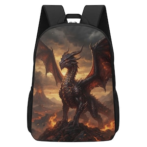 May include: A black backpack featuring a large, detailed graphic print of a dark, horned dragon standing on a rocky peak. The background depicts a volcanic landscape with glowing lava, smoke, and a fiery sky. The bag has black straps and side mesh pockets.