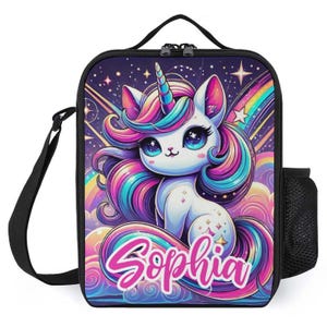 Sac à lunch personnalisé pour enfants avec monogramme personnalisé avec nom, chaton licorne, chat arc-en-ciel, sac à lunch pour camp scolaire garçons et filles