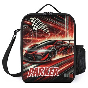 Sac à lunch personnalisé pour enfants avec monogramme personnalisé avec nom Drapeaux de circuit de voiture de sport Sac à lunch pour camp scolaire garçons et filles