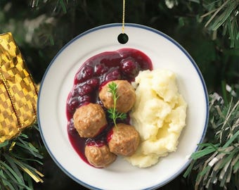 Personalized Food Ornament, Swedish Meatballs Lingonberry Sauce Potatoes Sweden Cuisine Ornament (Flat Image Design Printed on Ceramic)