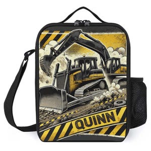 Sac à lunch personnalisé pour enfants avec monogramme personnalisé avec nom Sac à lunch Bulldozer Zone de construction pour camp scolaire garçons et filles