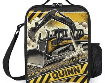 Personalized Lunchbag for Kids Custom Monogrammed Lunch Tote with Name Construction Zone Bulldozer Lunch Bag for School Camp Boys & Girls
