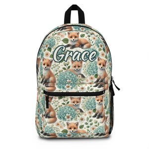 Custom Baby Fox Backpack – Blue Hydrangea Woodland Animal Print AOP – Personalized Kids Bag for Girls – Back to School Gift - 17 inch