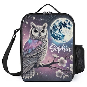 Sac à lunch personnalisé pour enfants avec monogramme personnalisé avec nom, hibou, sac à lunch Boho violet galaxie pour camp scolaire garçons et filles