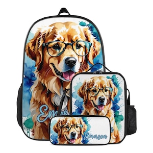 Sac à dos Golden Retriever pour chien cartable cartable personnalisé et boîte à lunch trousse à crayons chien ensemble personnalisé sac à lunch pour enfants avec nom mignon