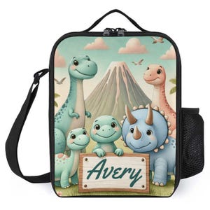 Sac à lunch personnalisé pour enfants avec monogramme personnalisé avec nom de dinosaures Sac à lunch Happy Dinos pour camp scolaire garçons et filles