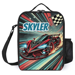 Sac à lunch personnalisé pour enfants avec monogramme personnalisé avec nom, voiture de course, piste de voiture de course, sac à lunch pour camp scolaire, garçons et filles