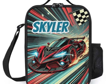 Bolsa de almuerzo personalizada para niños, bolsa de almuerzo con monograma personalizado y nombre, bolsa de almuerzo con diseño de pista de carreras para la escuela y campamentos, para niños y niñas.