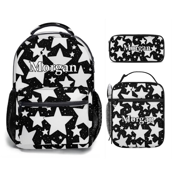 Backpack Y2k Schoolbag Custom for Girls Bookbag and Lunch Box Set Pencil Case Personalized 90s Black White Stars Pattern Design With Name Etsy Canada