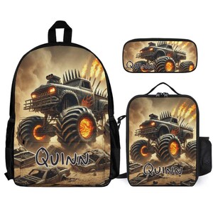 Monster Truck Crush Kids Backpack Set Personalized School Bag Lunchbox Pencil Case Back to School Gift Custom 3 Piece Backpack Bundle