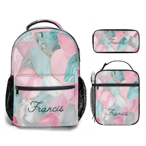 Pink Blue Marble Pattern Personalized Girls Backpack for Middle High School Custom Schoolbag Girl Pencil Case Lunch Bag with Name Customized