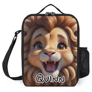 Sac à lunch personnalisé pour enfants avec monogramme personnalisé avec nom Lion animal face vers le haut Sac à lunch pour camp scolaire garçons et filles