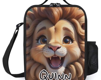 Personalisierte Lunchbag für Kinder Benutzerdefinierte Monogramm Lunch Tote mit Namen Lion Animal Gesicht Up Schließen Lunch Bag für das Schullager Jungen und Mädchen