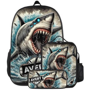 Backpack White Shark Schoolbag Custom for Boys Bookbag and Lunchbox Lunch Bag Pencil Case Personalized Set Back to School Bag with Name
