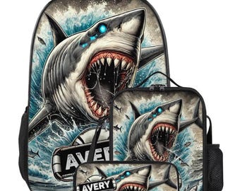 Backpack White Shark Schoolbag Custom for Boys Bookbag and Lunchbox Lunch Bag Pencil Case Personalized Set Back to School Bag with Name