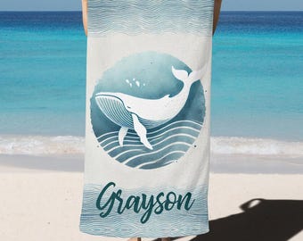 Custom Beach Towel Personalized Pool Towels Whale Silhouette Blue Watercolor Ocean Minimalistic Design with Name Monogram Customized