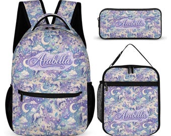 Personalized Unicorn Backpack Set for Girls, Custom Fantasy School Bag w Lunch Box & Pencil Case, Lunch Bag, Pencil Bag, School Bookbag