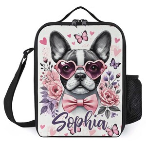Sac à lunch personnalisé pour enfants avec monogramme personnalisé avec nom, bouledogue français, sac à lunch Frenchie pour camp scolaire garçons et filles