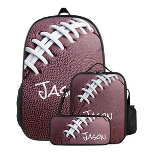 Personalized Football FLAT, PRINTED DESIGN Custom Name Backpack Pencil Case Lunch Bag Set for Preschool Toddler Elementary School Customized