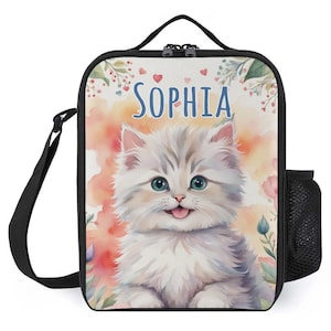 Sac à lunch personnalisé pour enfants avec monogramme personnalisé avec nom Sac à lunch chat persan chat pour camp scolaire garçons et filles