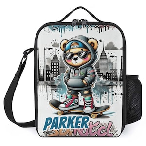 Sac à lunch personnalisé pour enfants avec monogramme personnalisé avec prénom ours sur une planche à roulettes Sac à lunch cool pour camp scolaire garçons et filles